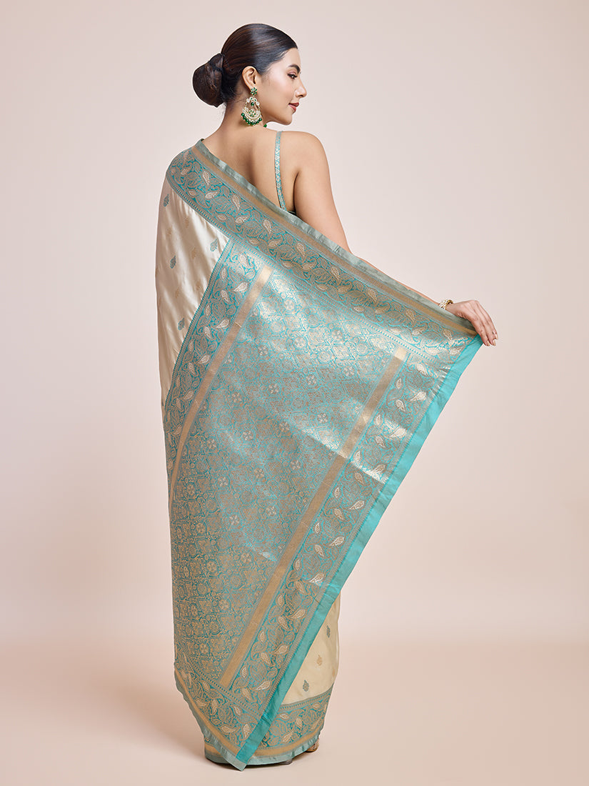 Cream Banarasi Satin Silk Saree with Zari Woven Border