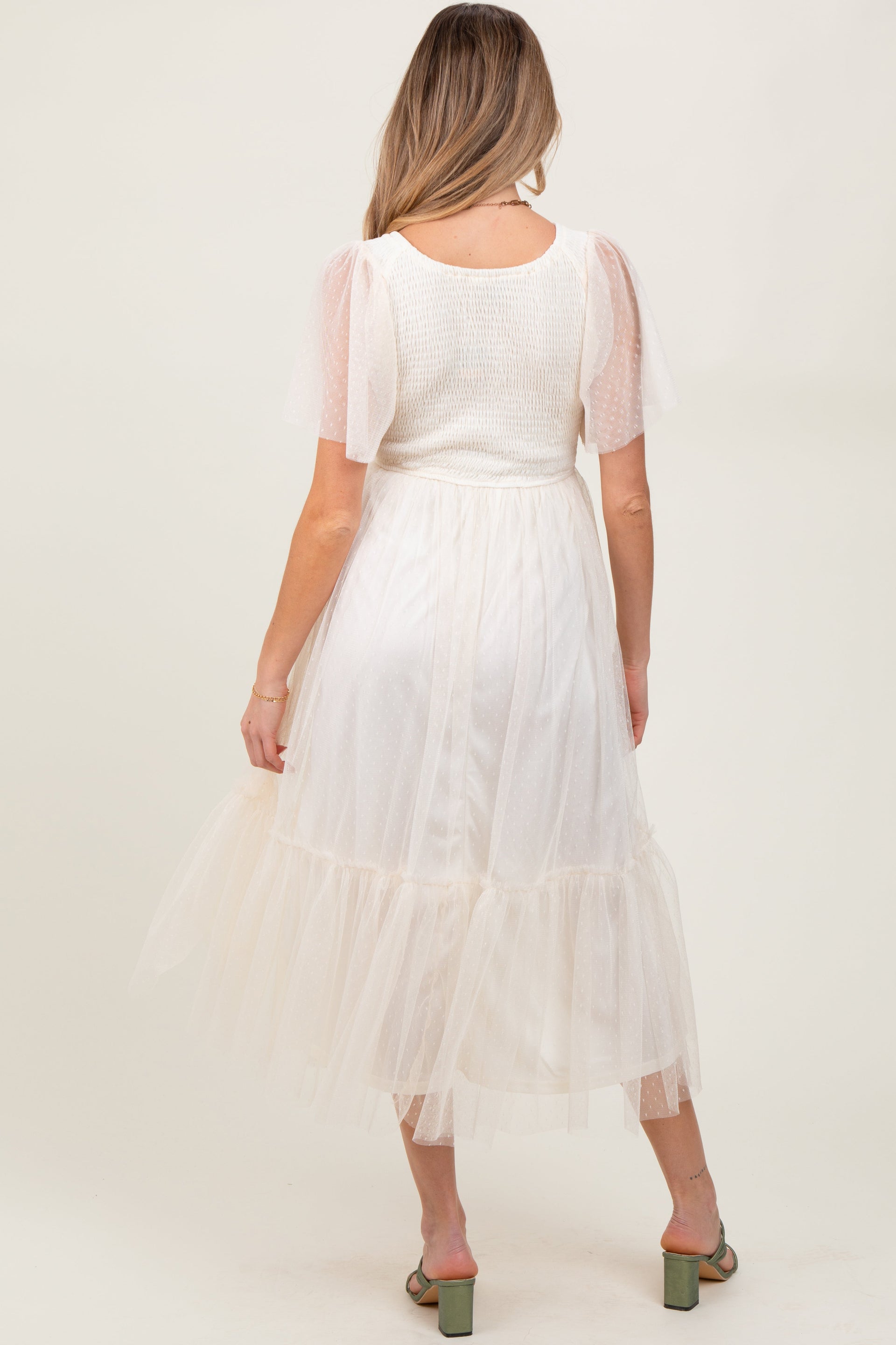 Beige Dotted Tulle Smocked Maternity Midi Dress