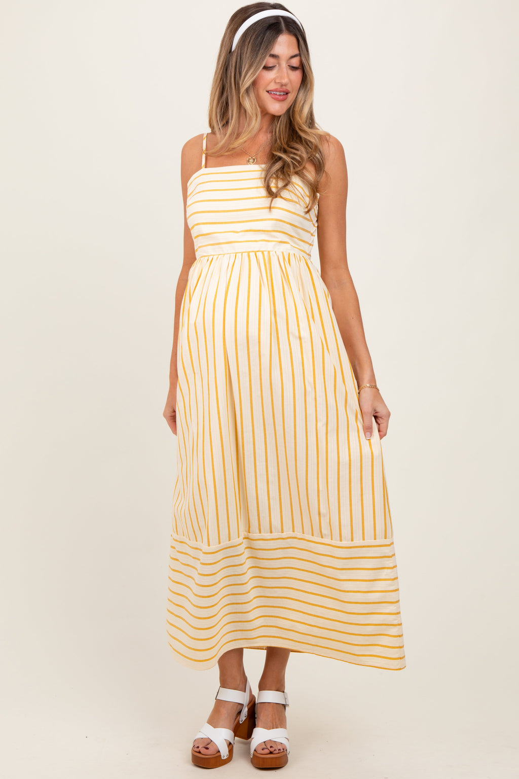 Yellow and cream striped sleeveless cotton maternity maxi dress.