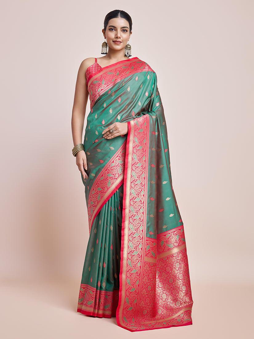 Green Banarasi Satin Silk Saree with intricate Zari work