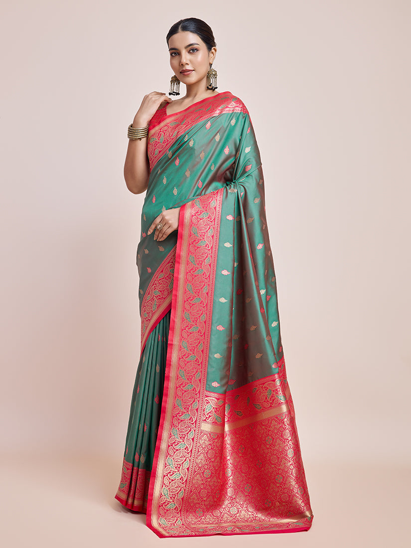 Green Banarasi Satin Silk Saree with Woven Zari Details