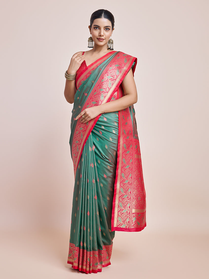 Green Banarasi Satin Silk Saree with Woven Zari Details