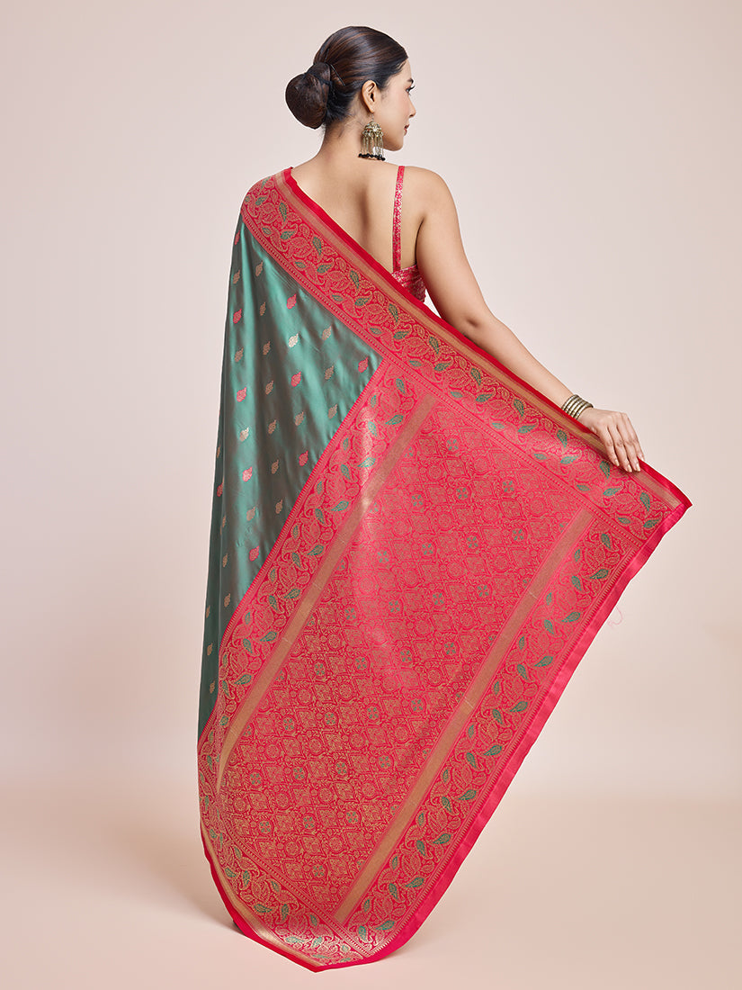 Green Banarasi Satin Silk Saree with Woven Zari Details
