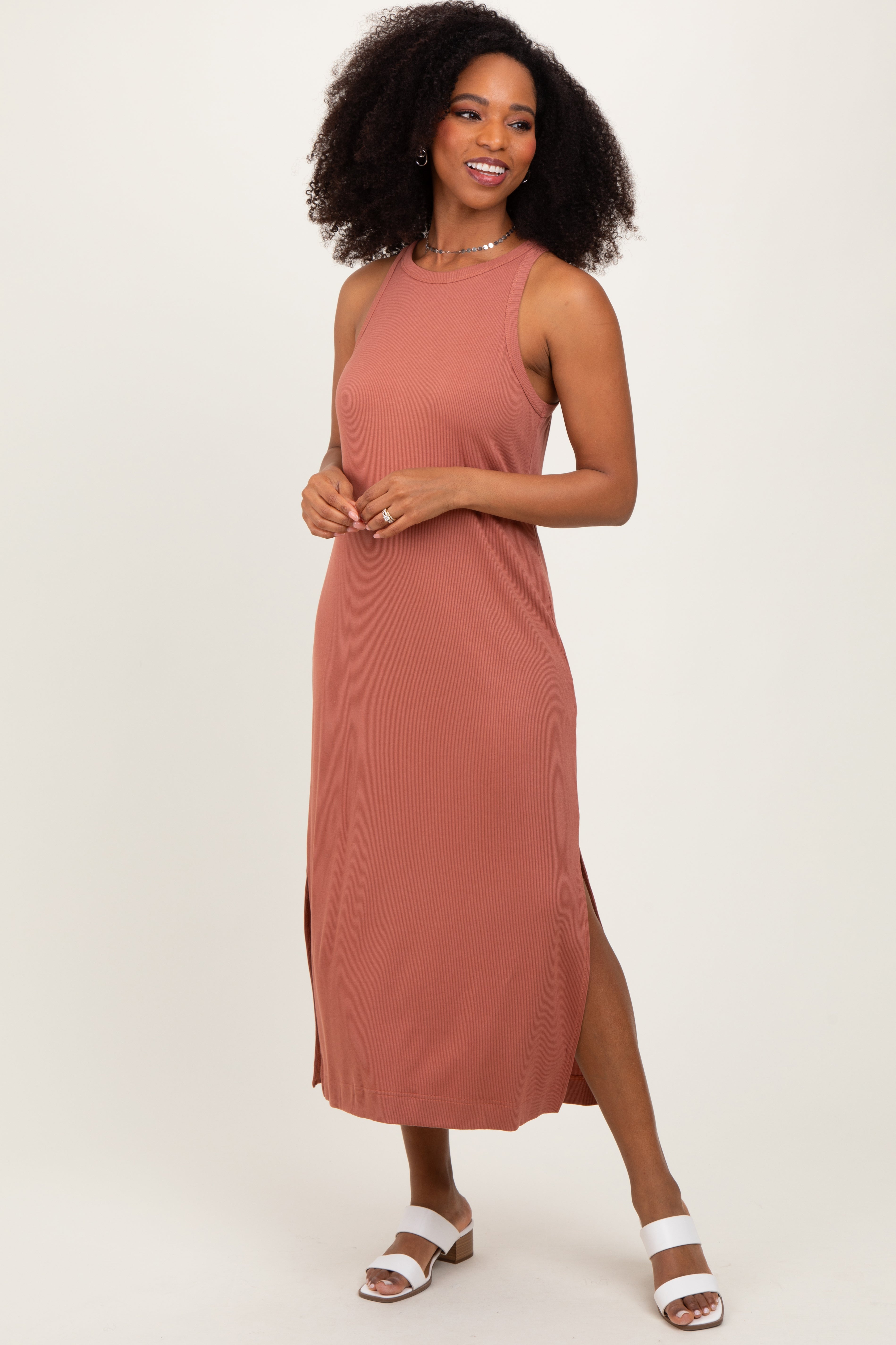Rust Sleeveless Side Slit Midi Dress