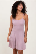 Mauve Solid Ribbed Knitted Adjustable Strap Sleeveless Mini Dress