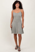 Light Olive Solid Ribbed Knitted Adjustable Strap Sleeveless Mini Dress