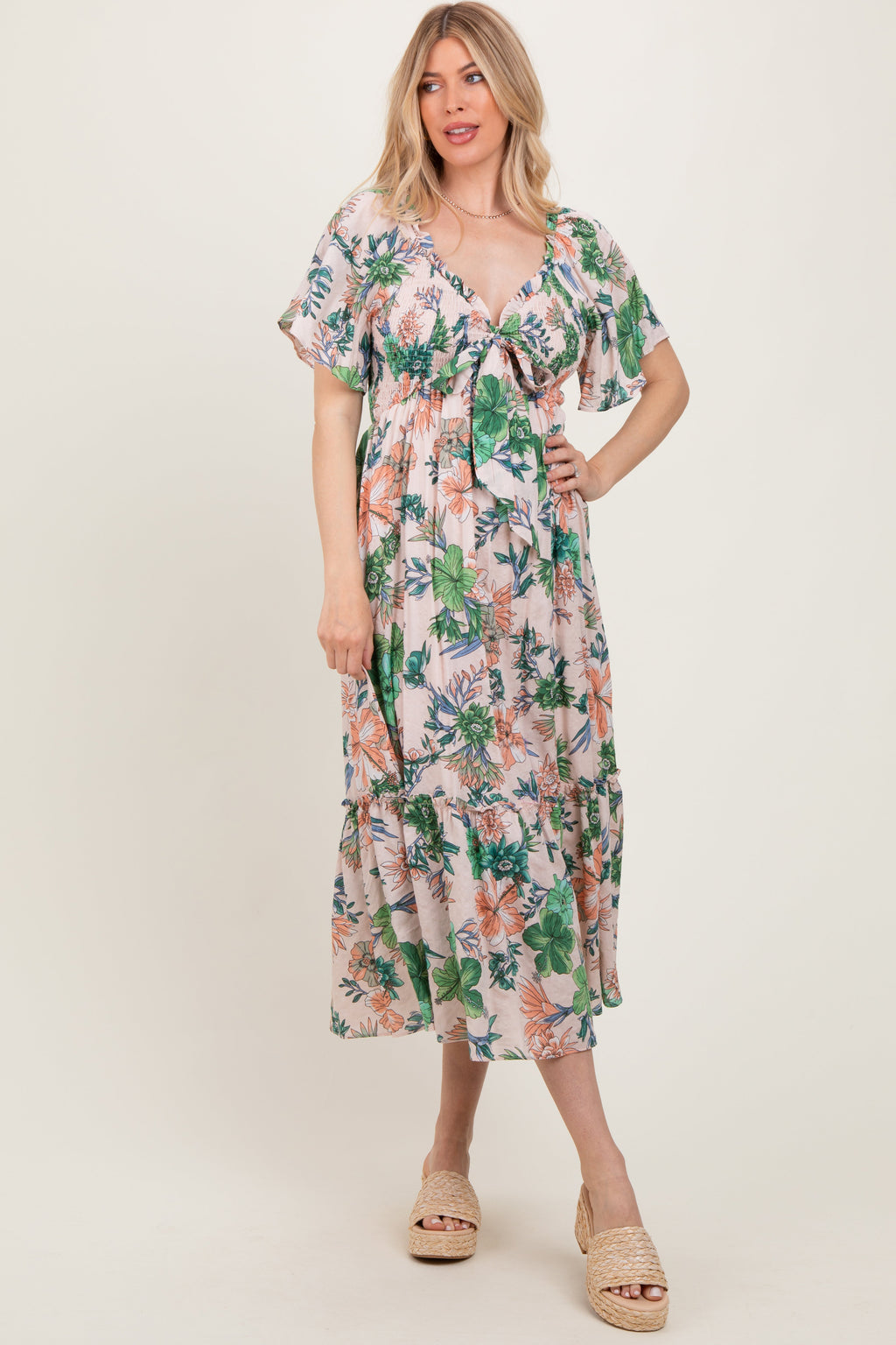 Light Pink Floral Print Woven Maternity Midi Dress