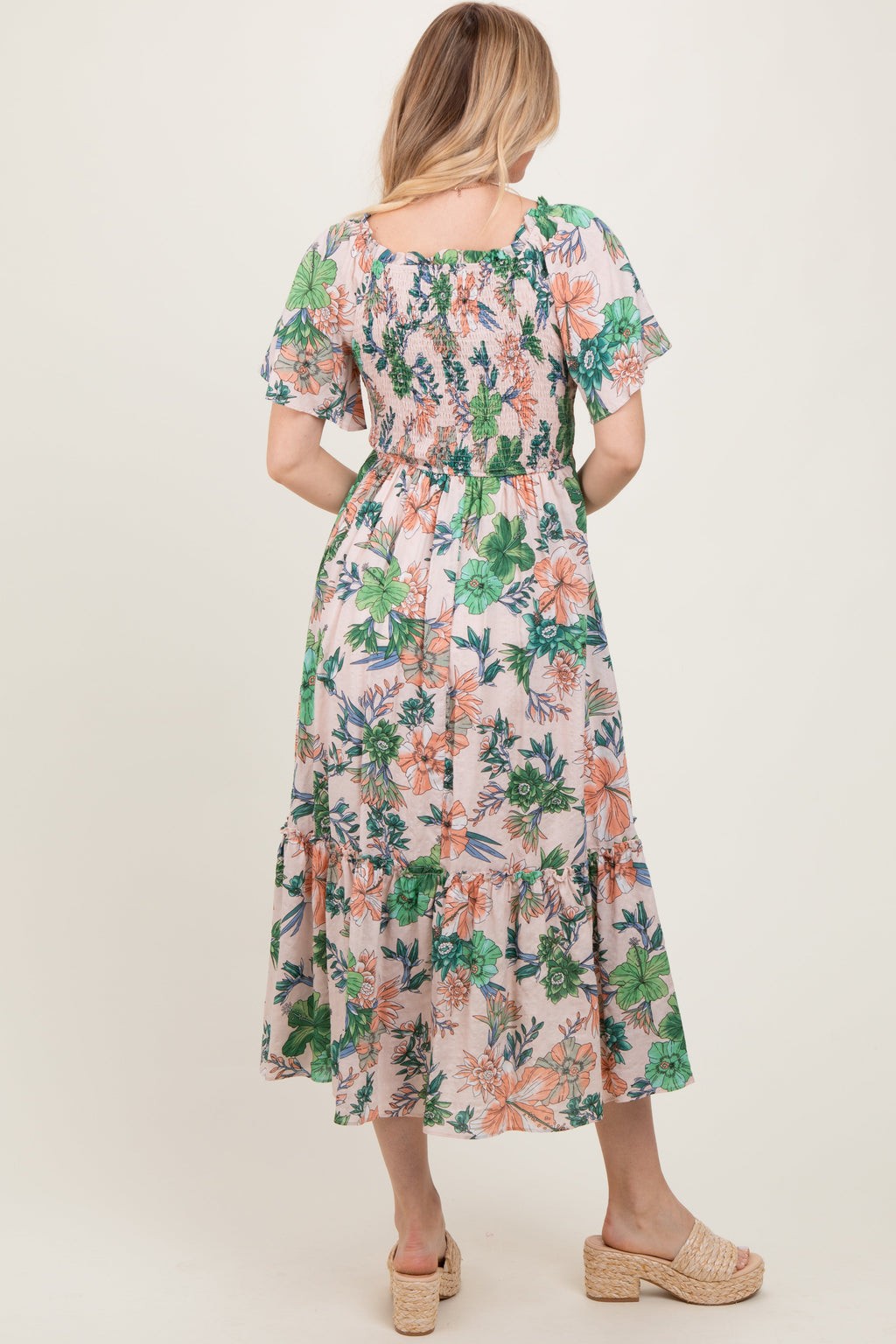 Light Pink Floral Print Woven Midi Dress