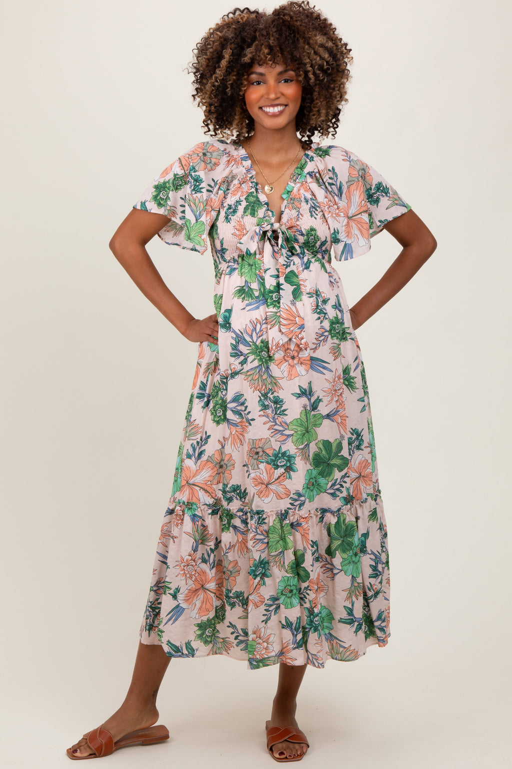 Light Pink Floral Print Woven Maternity Midi Dress