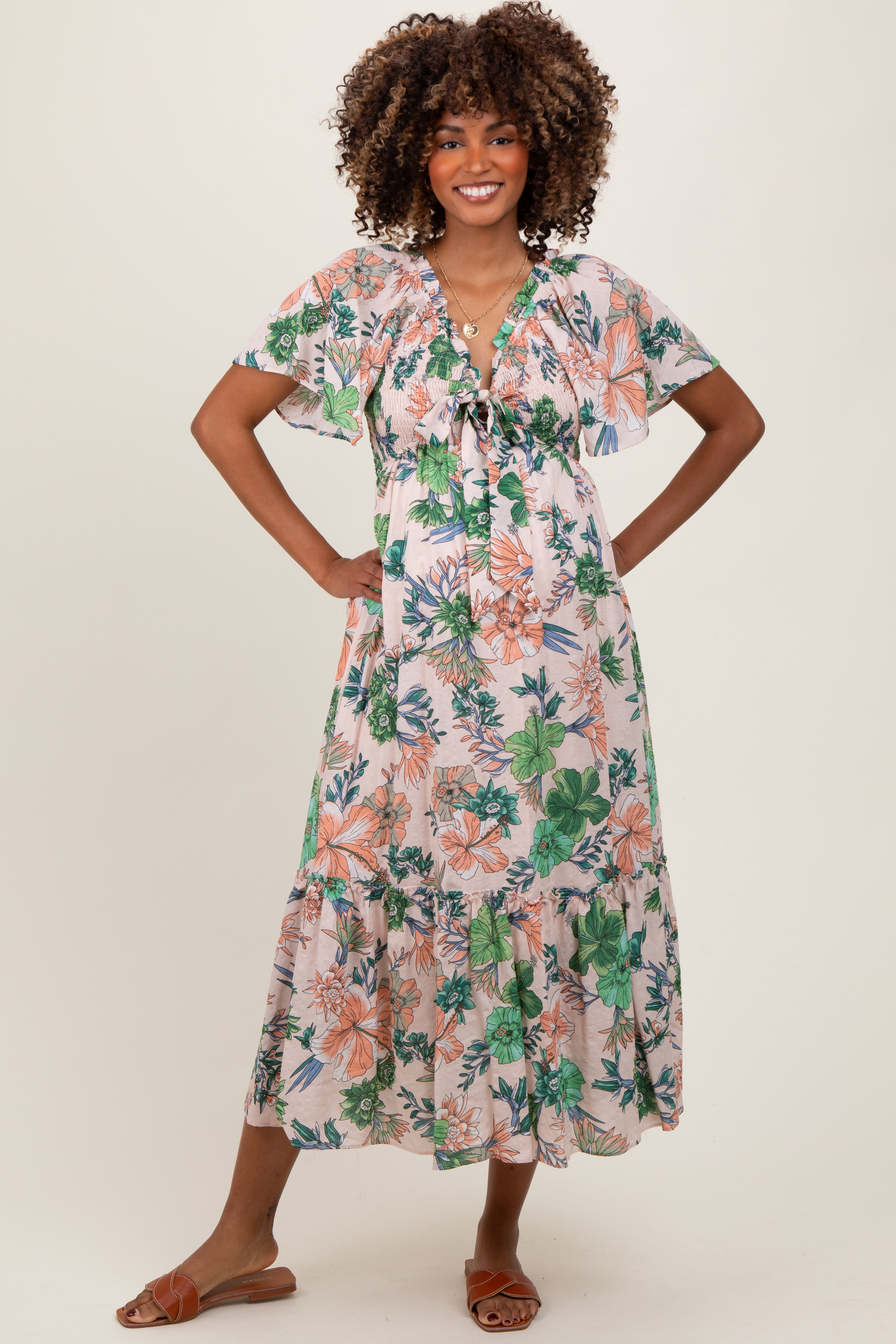 Light Pink Floral Print Woven Maternity Midi Dress