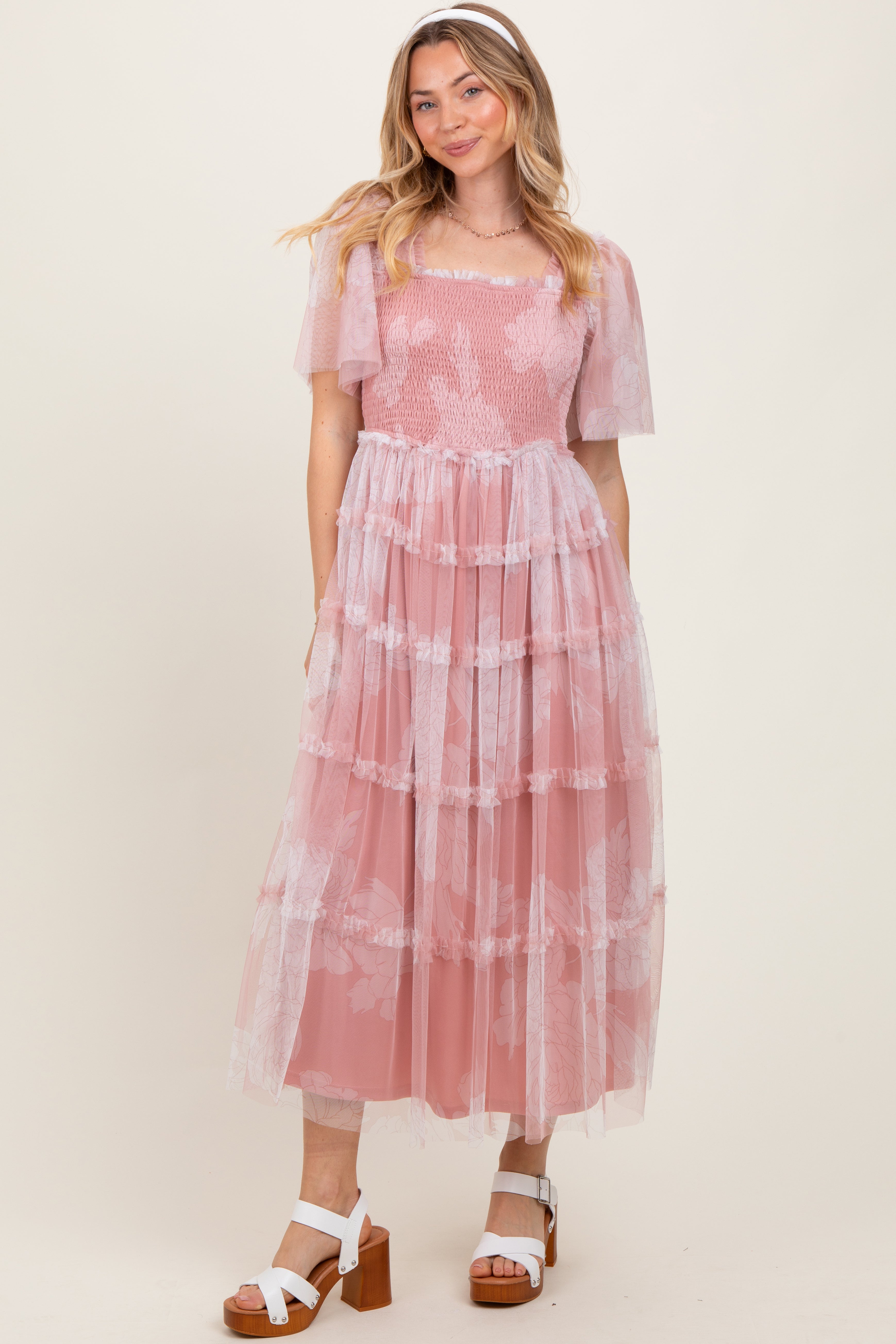 Pink Smocked Top Mesh Ruffled Maternity Midi Dress