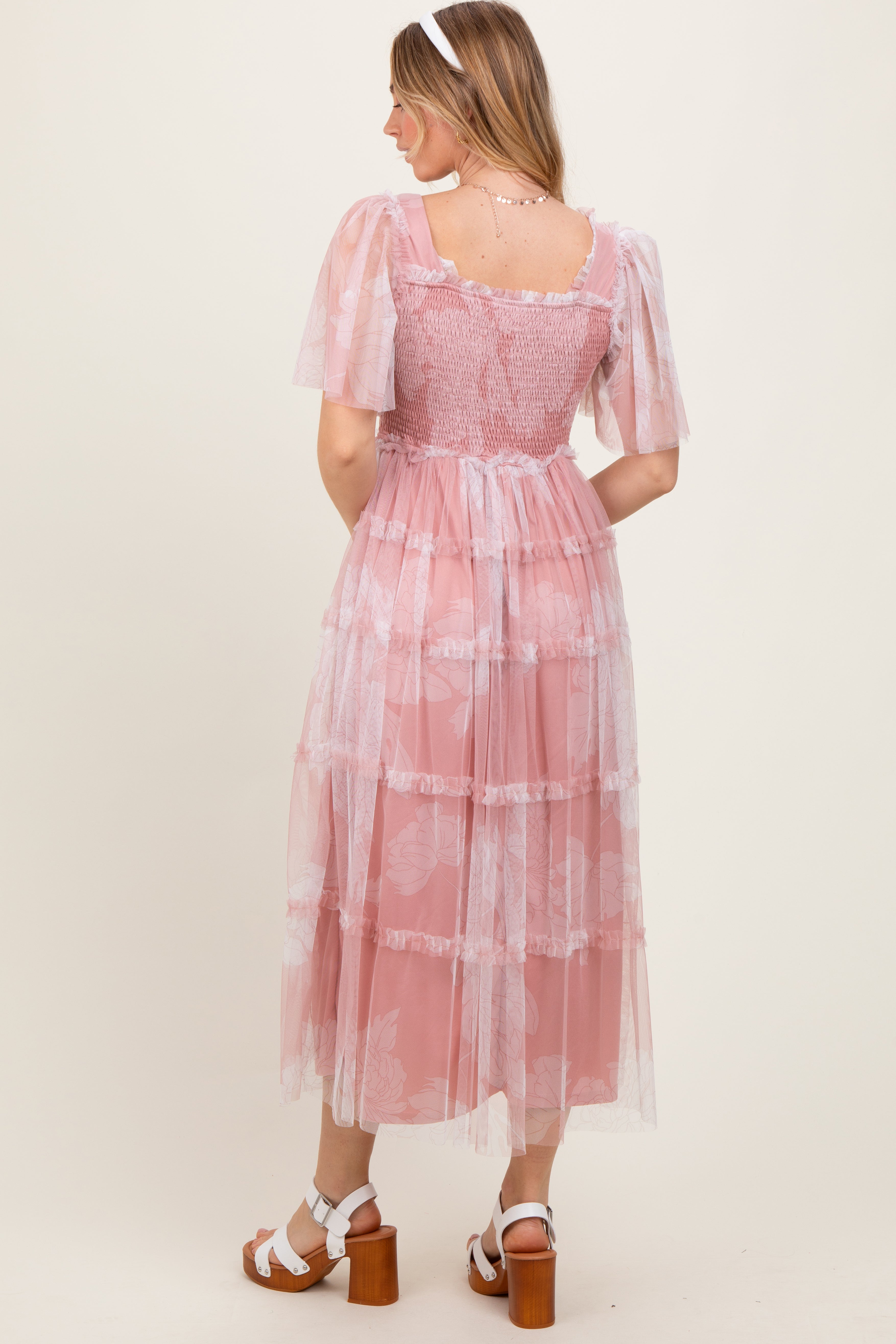 Pink Smocked Top Mesh Ruffled Midi Dress