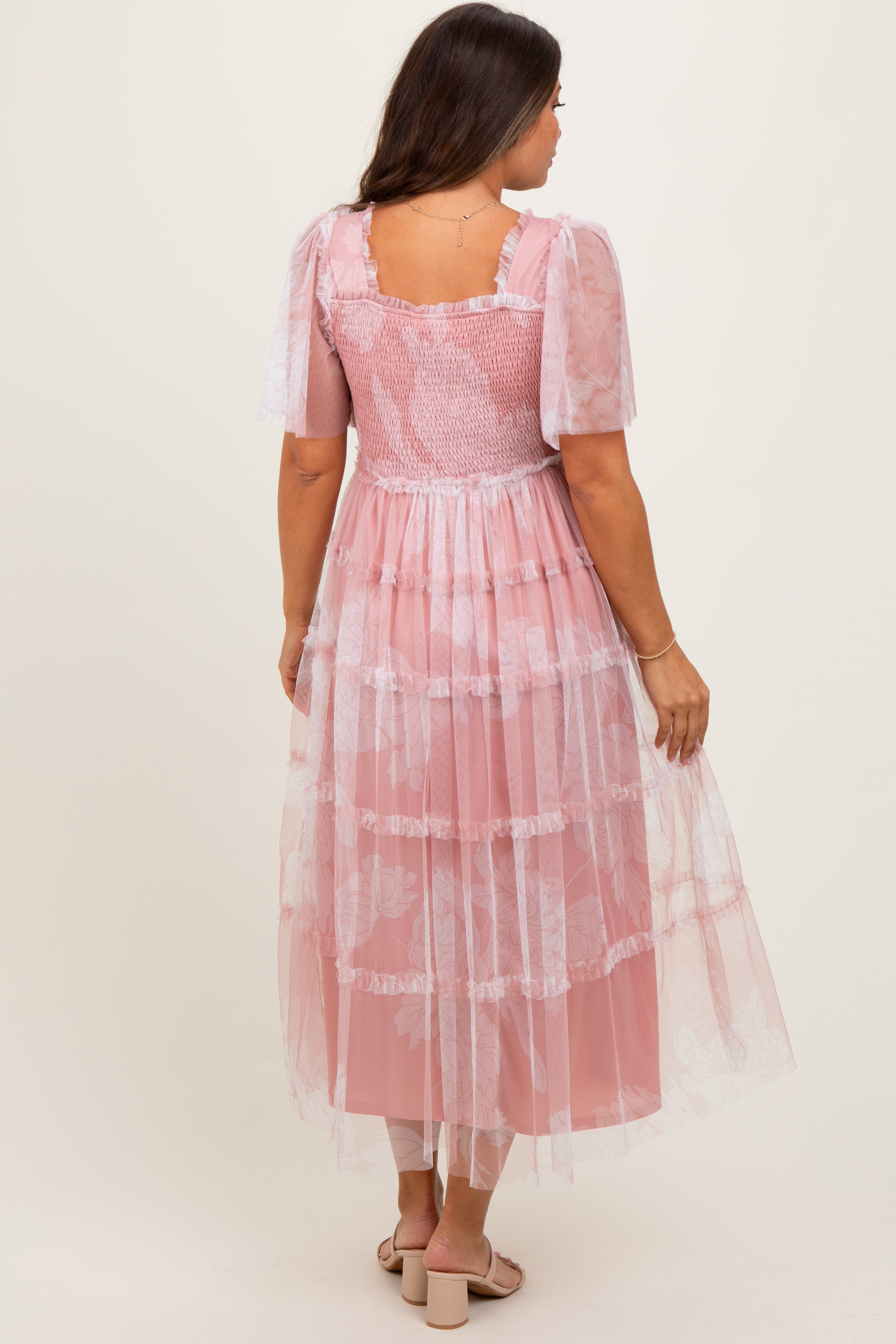 Pink Smocked Top Mesh Ruffled Maternity Midi Dress
