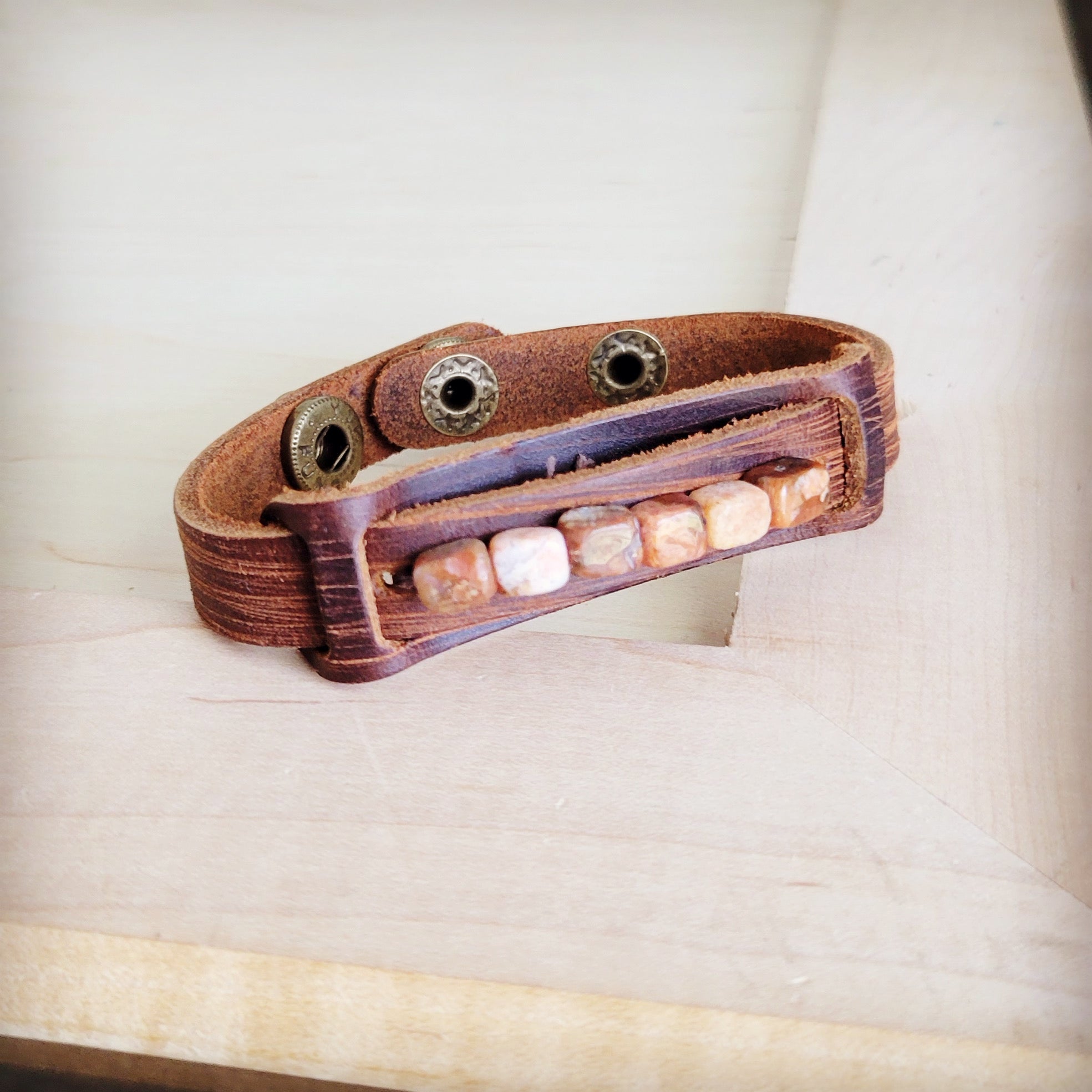 Genuine Leather Narrow Cuff with Earth Regalite Chunks 007b