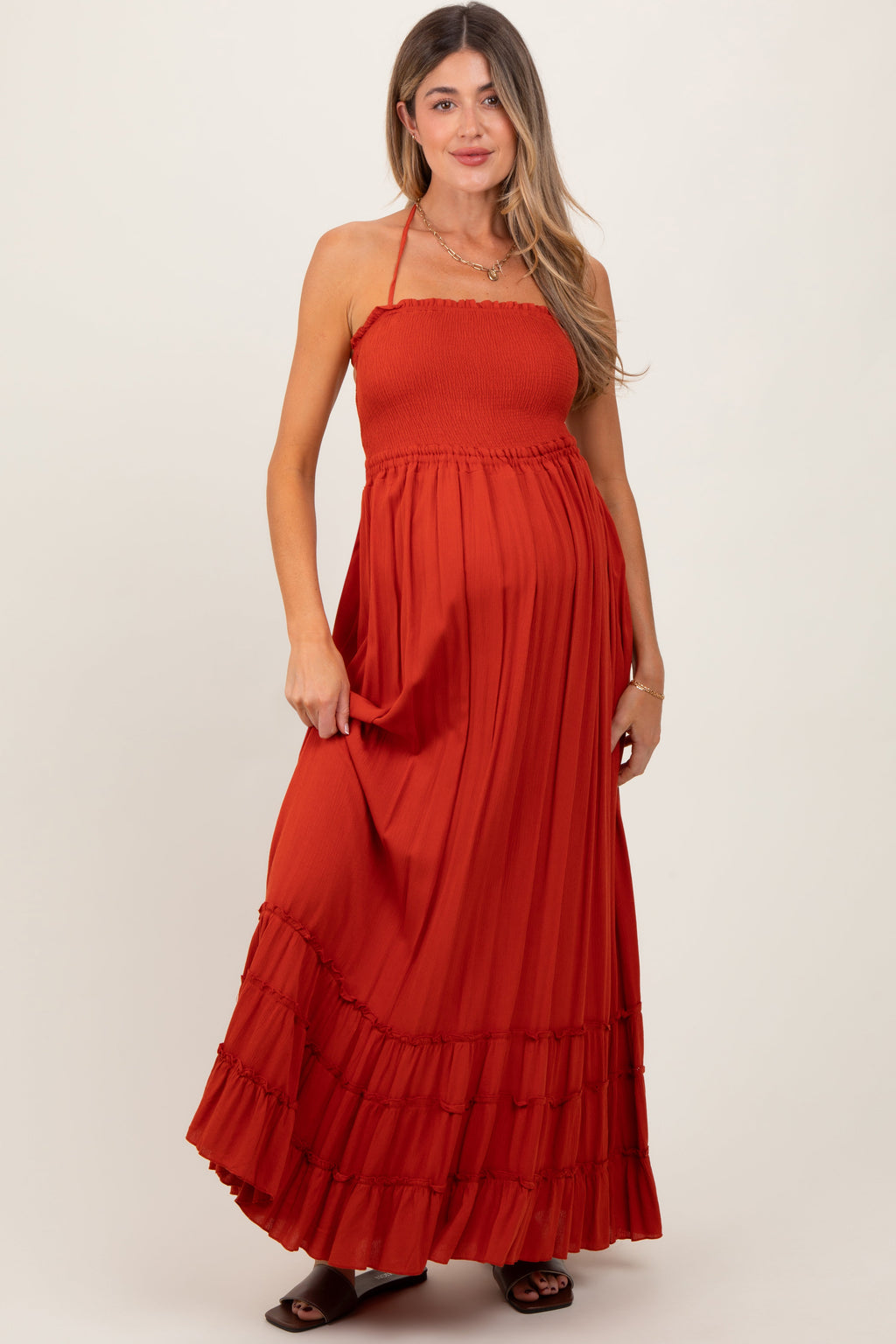 Rust Smocked Woven Maternity Maxi Dress