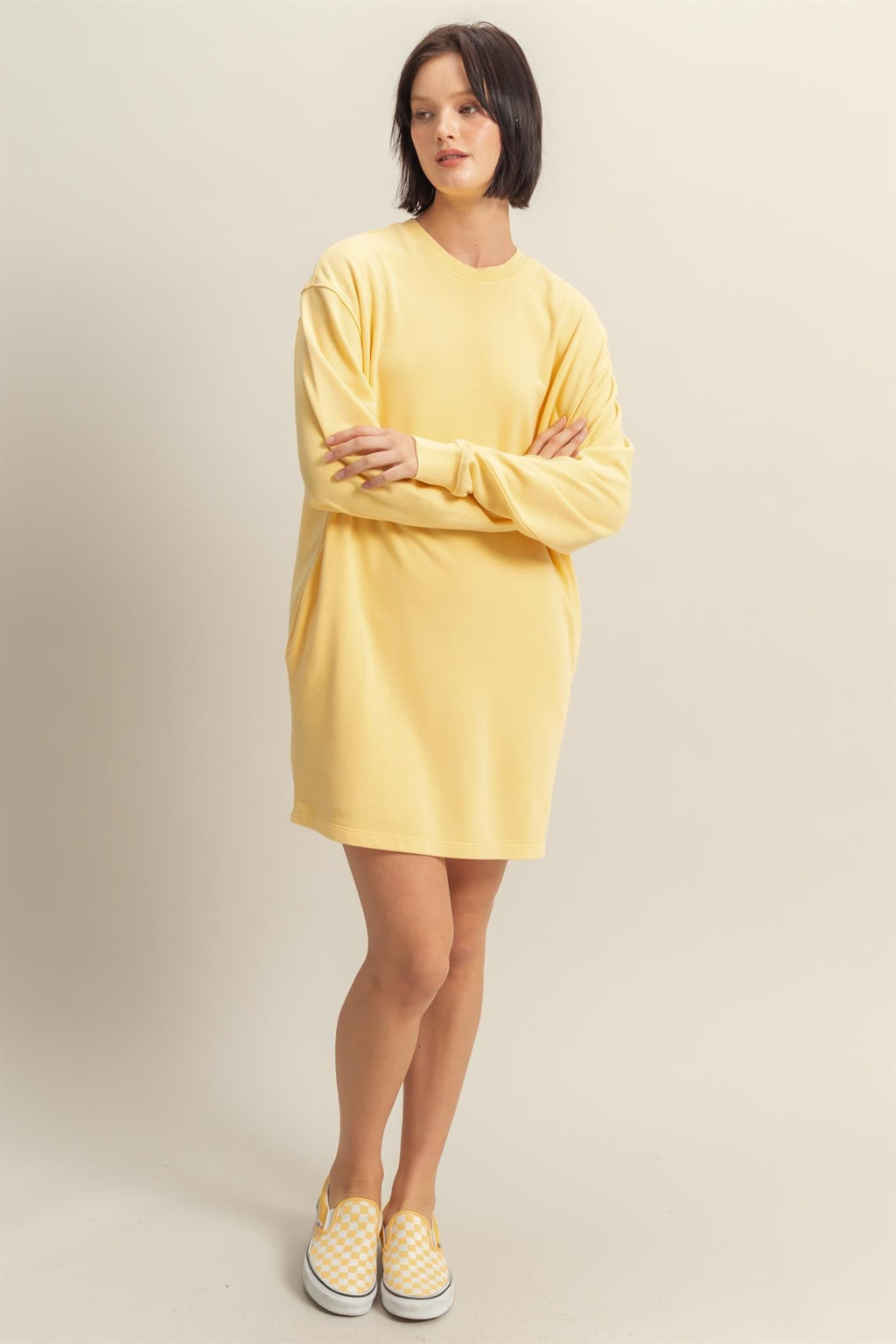 Yellow Long Sleeve Oversized Sweatshirt Mini Dress Casual Style