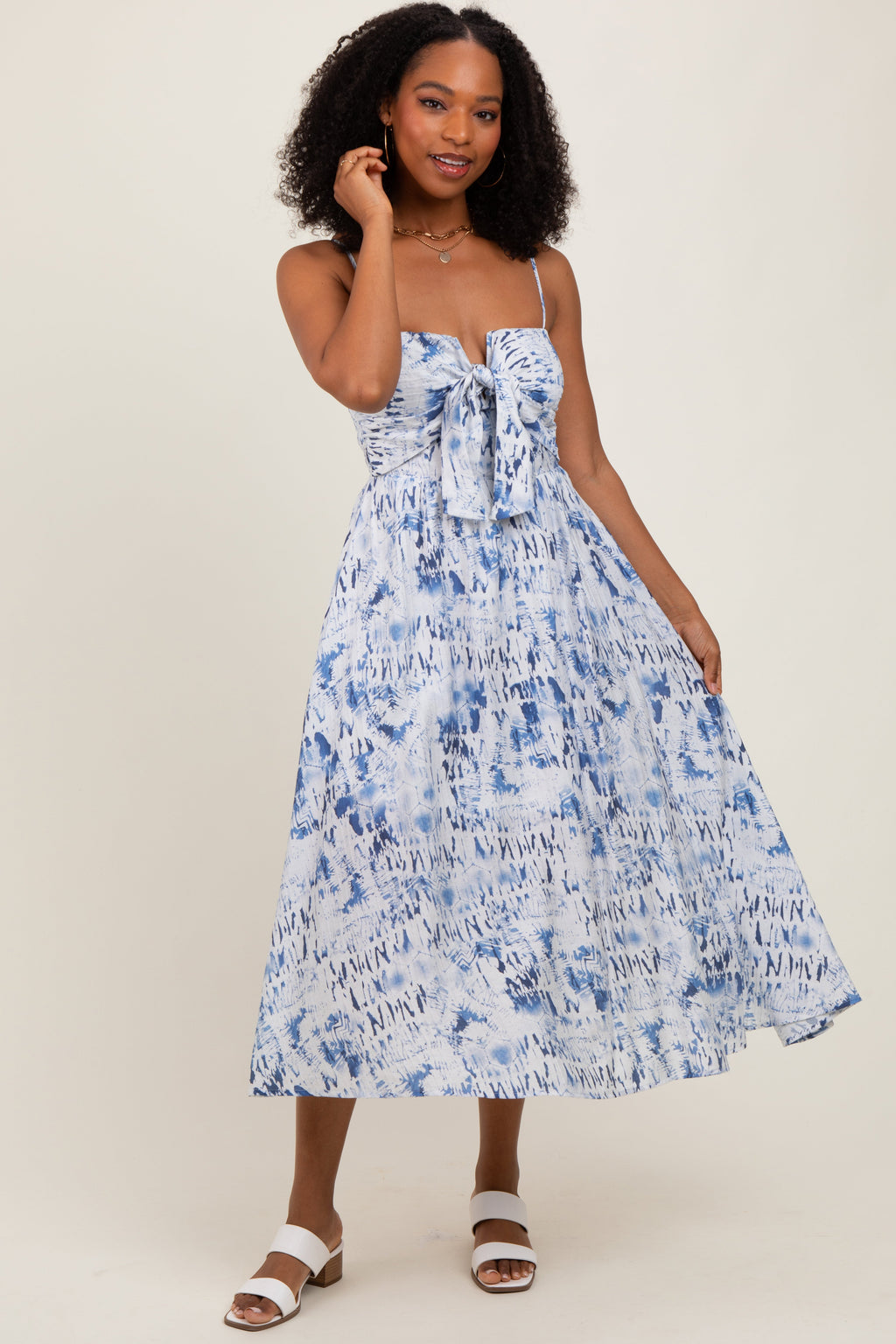 Blue Adjustable Strap Tie Front Maternity Midi Dress