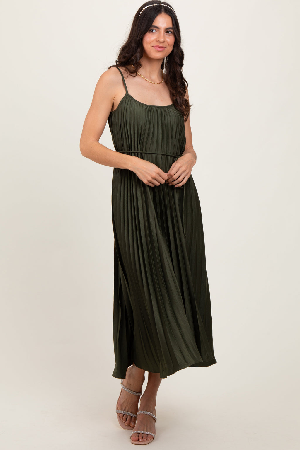 Olive Pleated Sash Tie Maternity Midi Dress