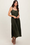 Olive Pleated Sash Tie Midi Dress