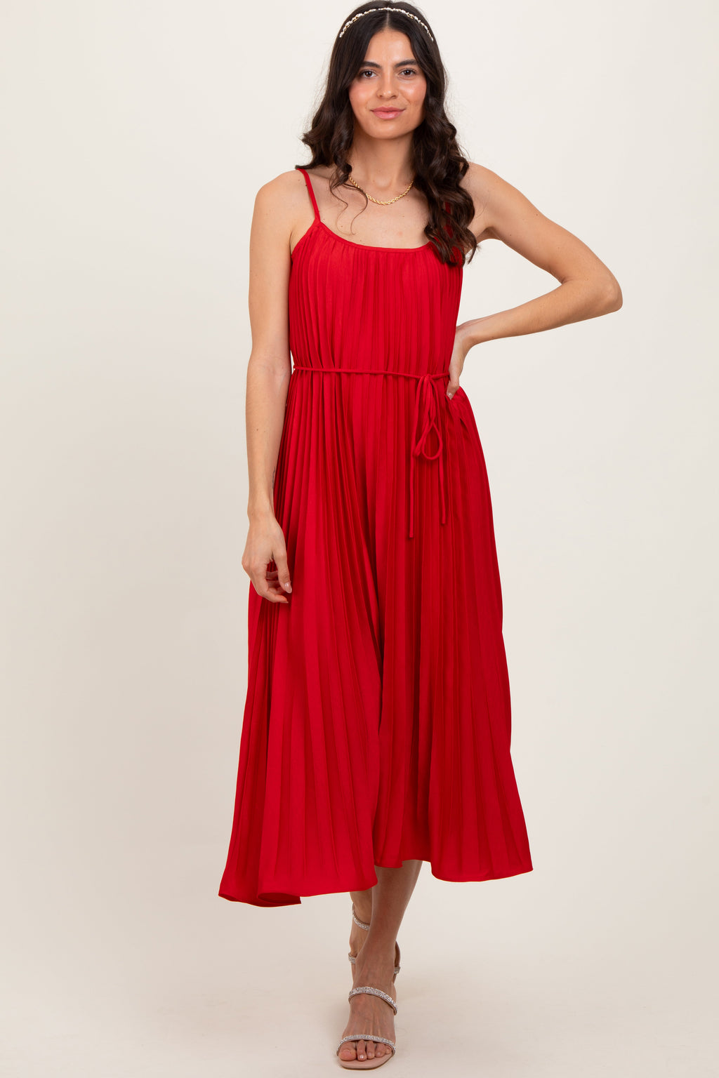 Red Pleated Sash Tie Maternity Midi Dress