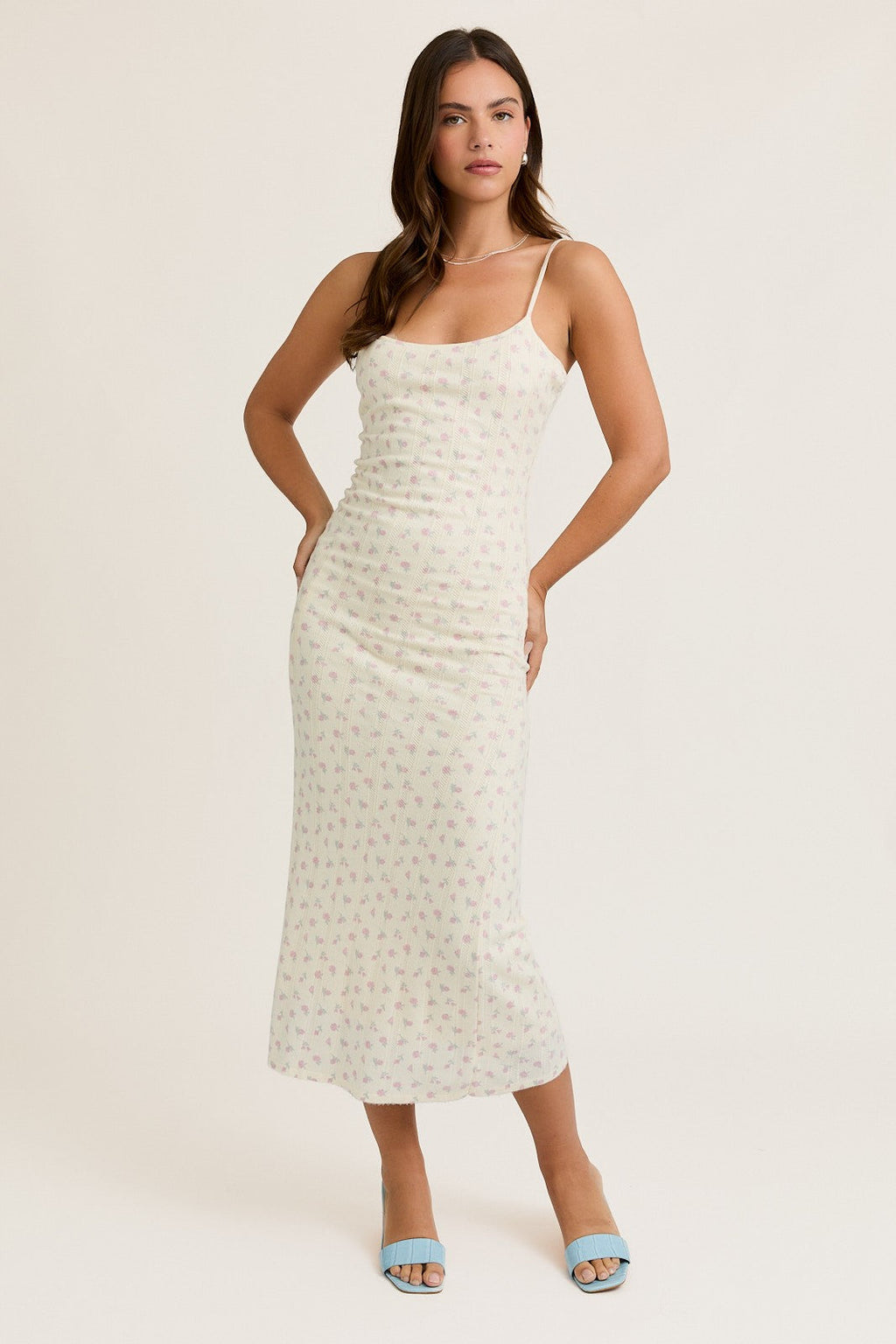Ivory Floral Pointelle Knit Midi Dress