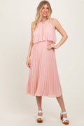 Pink Pleated Woven Midi Dress