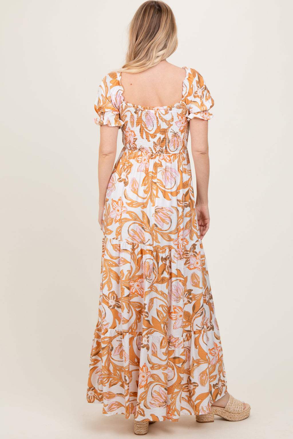Taupe Floral Smocked Front Tie Maxi Dress