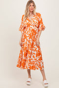 Orange Abstract Floral V-Neck Tiered Midi Dress