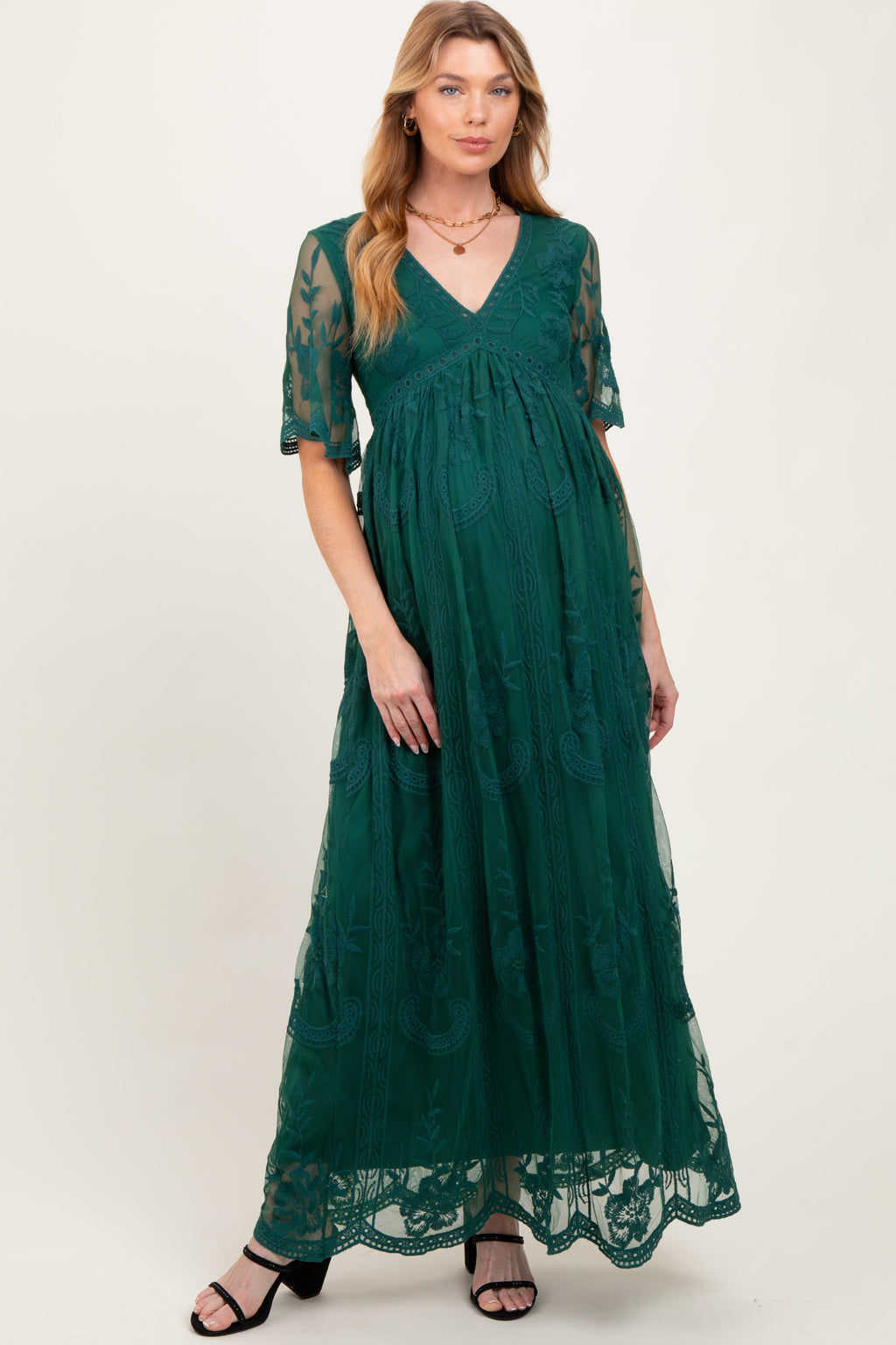 Green Lace Mesh Overlay Maternity Maxi Dress