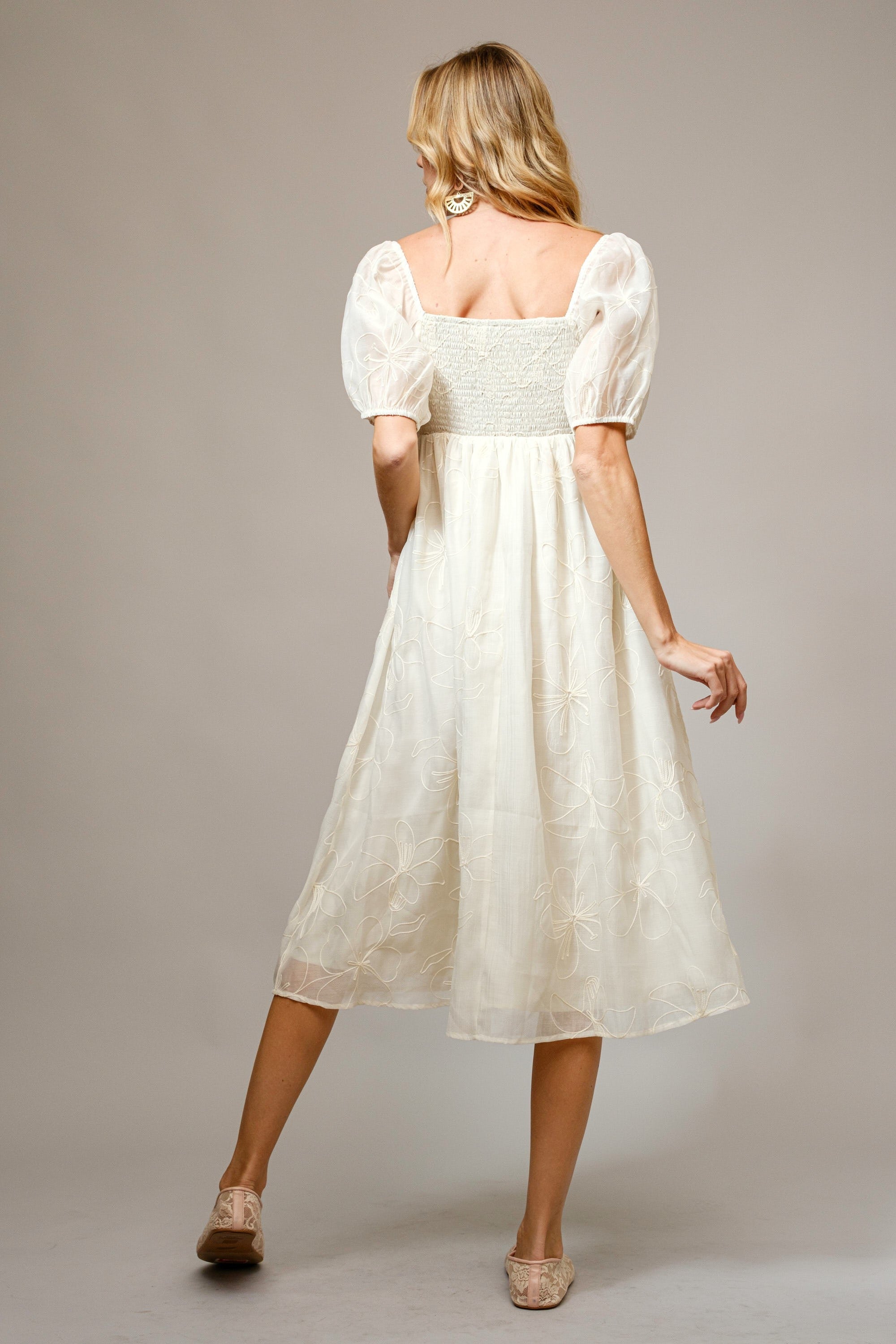 Cream Embroidered Floral Puff Sleeve Midi Dress