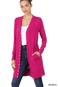 Magenta long-length cardigan featuring full sleeves and snap buttons