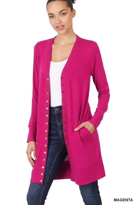 Magenta long-length cardigan featuring full sleeves and snap buttons