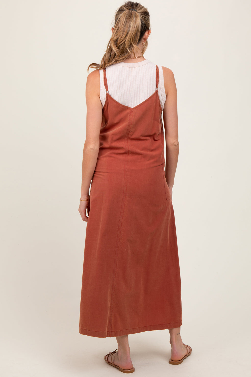 Rust V-Neck Overall Maternity Midi Dress