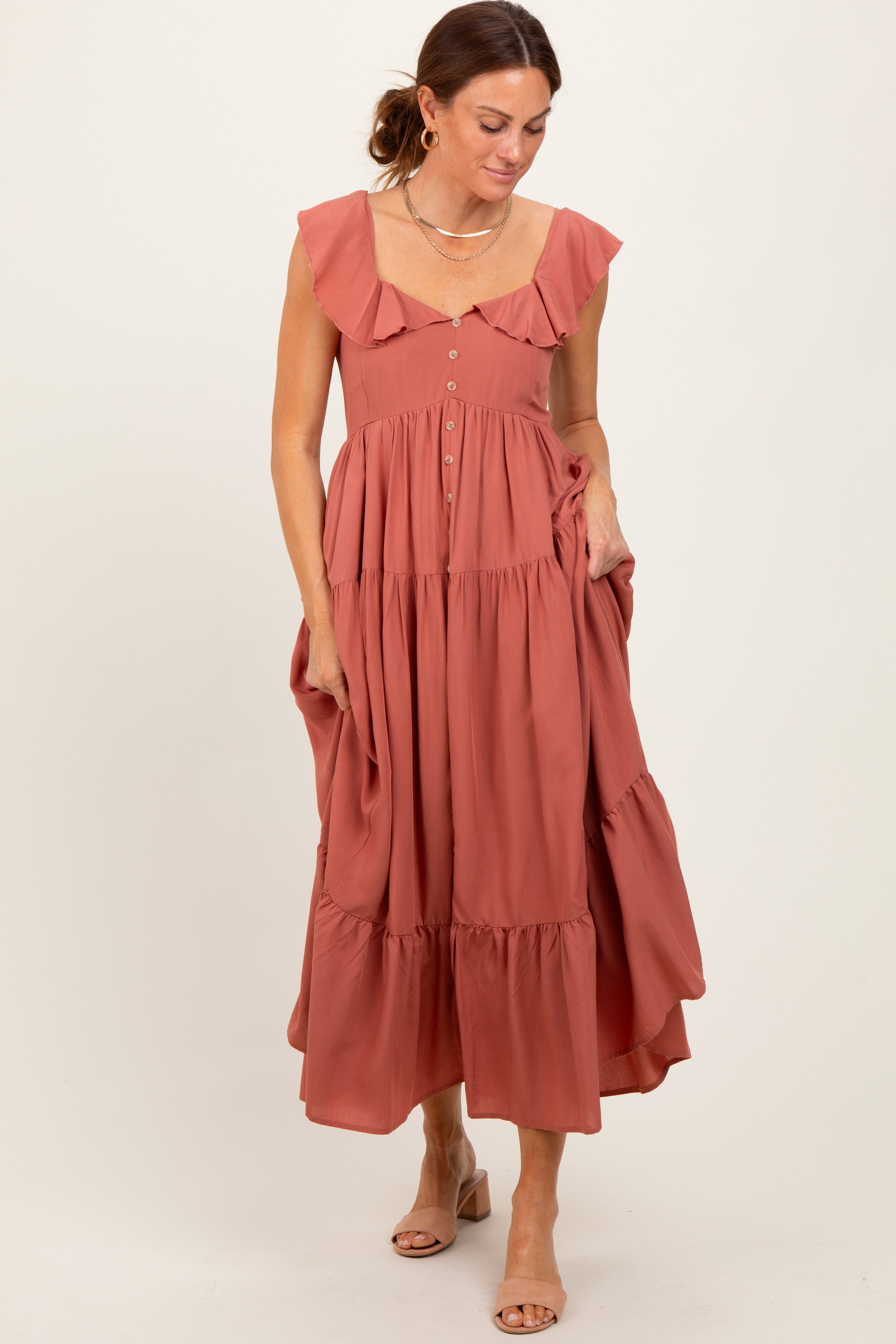 Rust Button Front Ruffle Square Neck Midi Dress