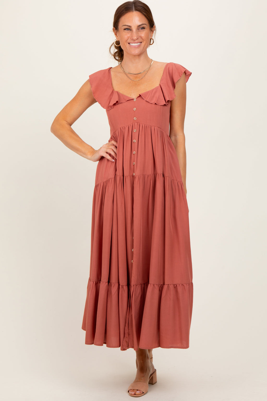 Rust Button Front Ruffle Square Neck Midi Dress