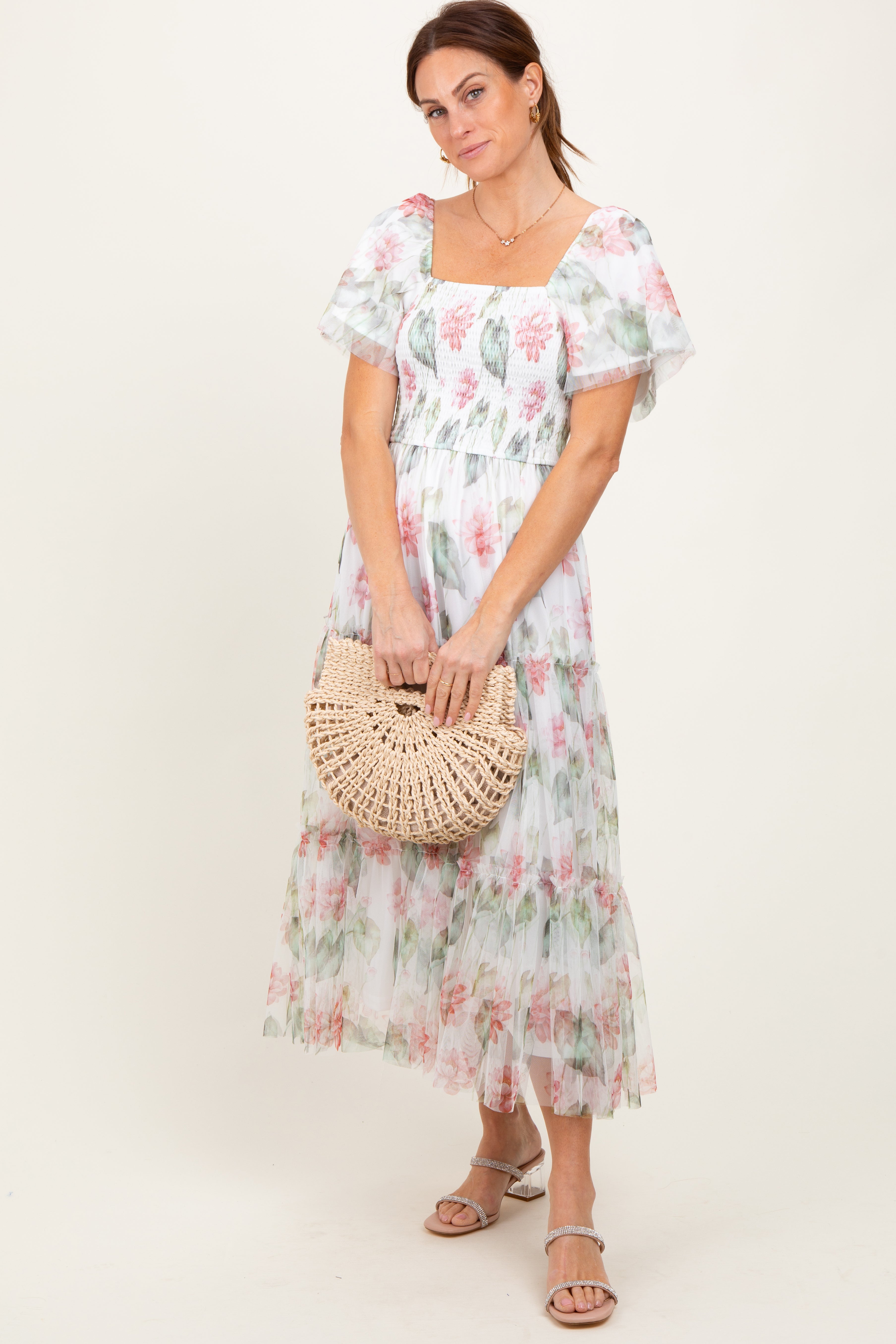 Ivory Floral Mesh Smocked Maternity Midi Dress