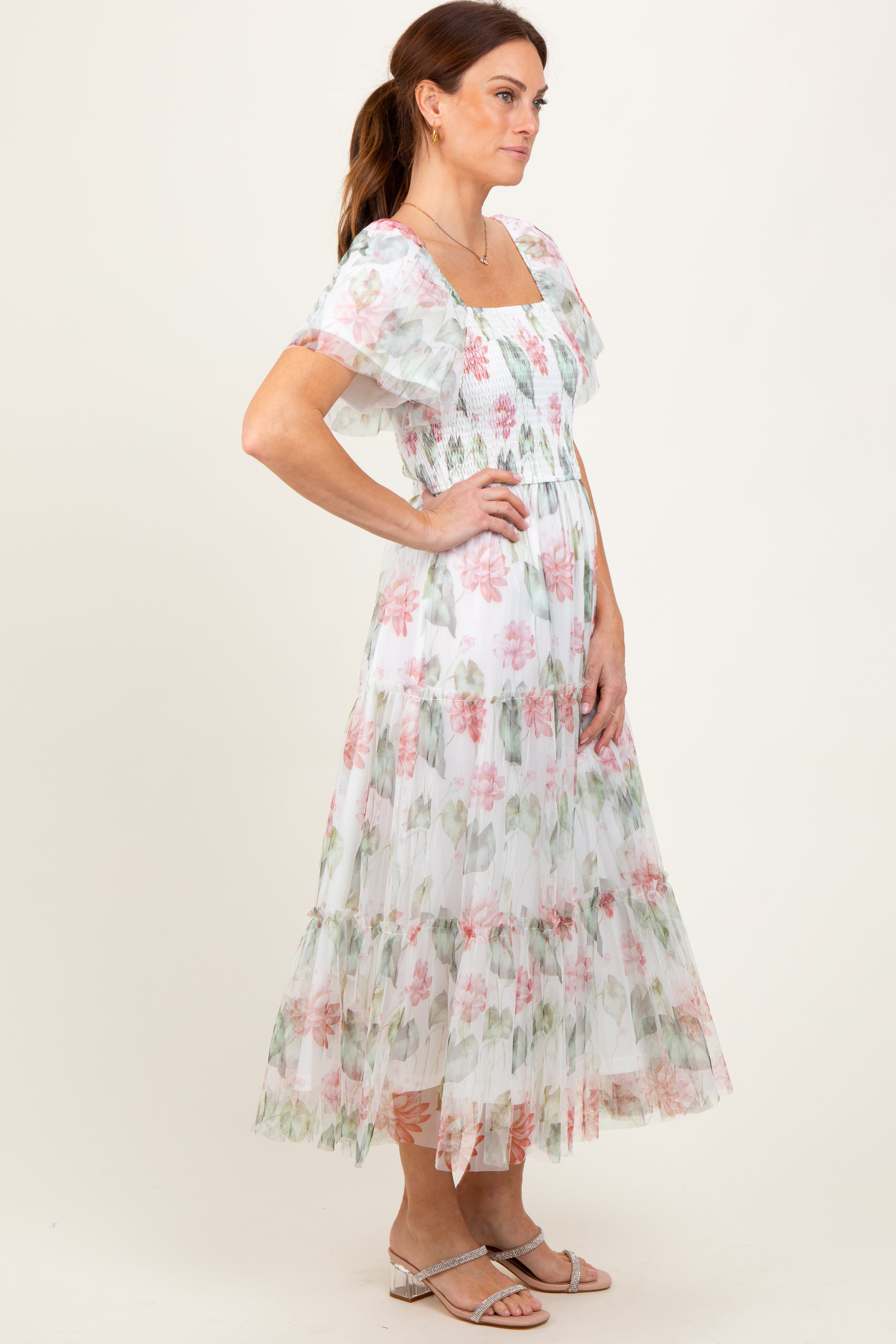 Ivory Floral Mesh Smocked Midi Dress