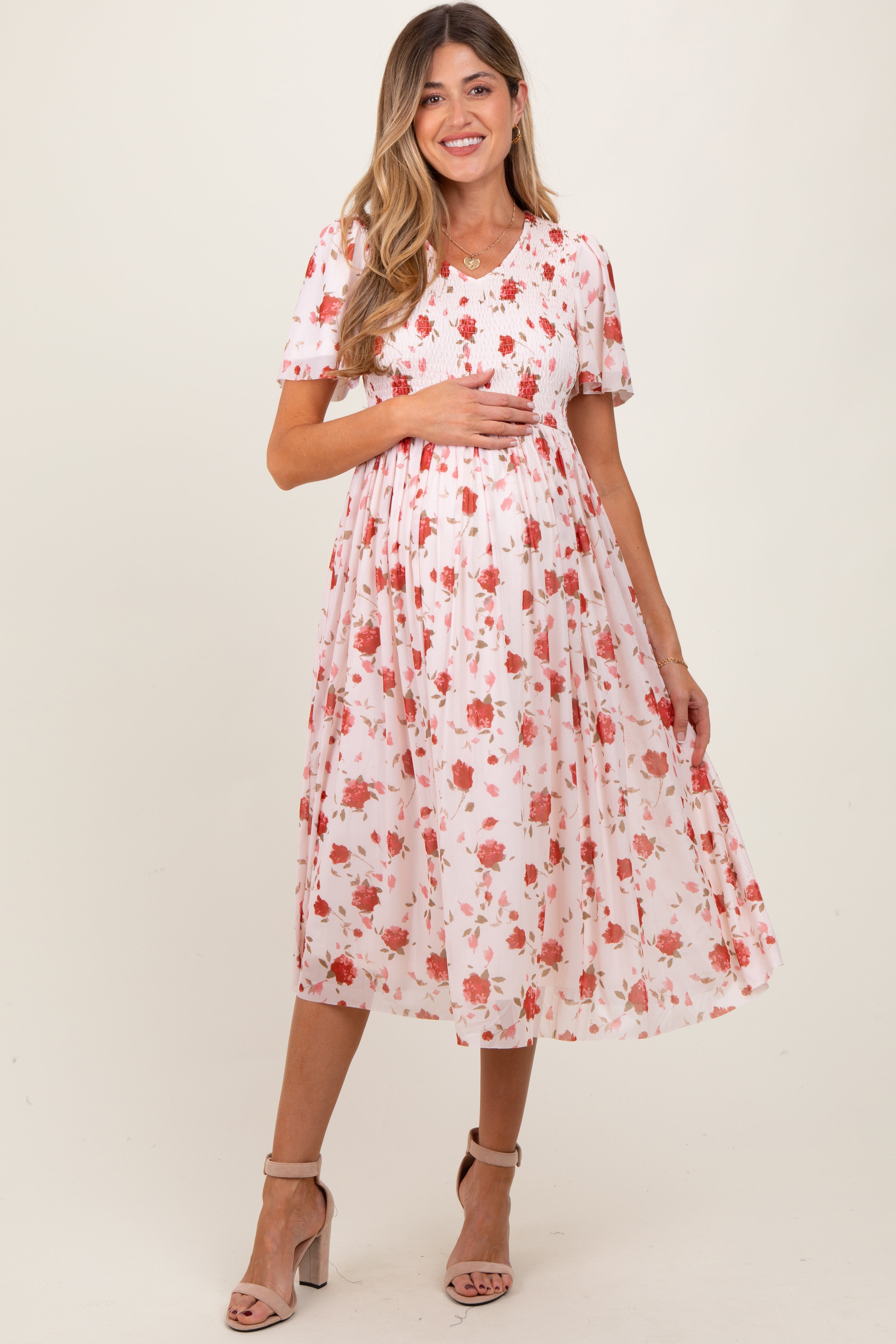 Light Pink Floral Smocked V-Neck Maternity Midi Dress