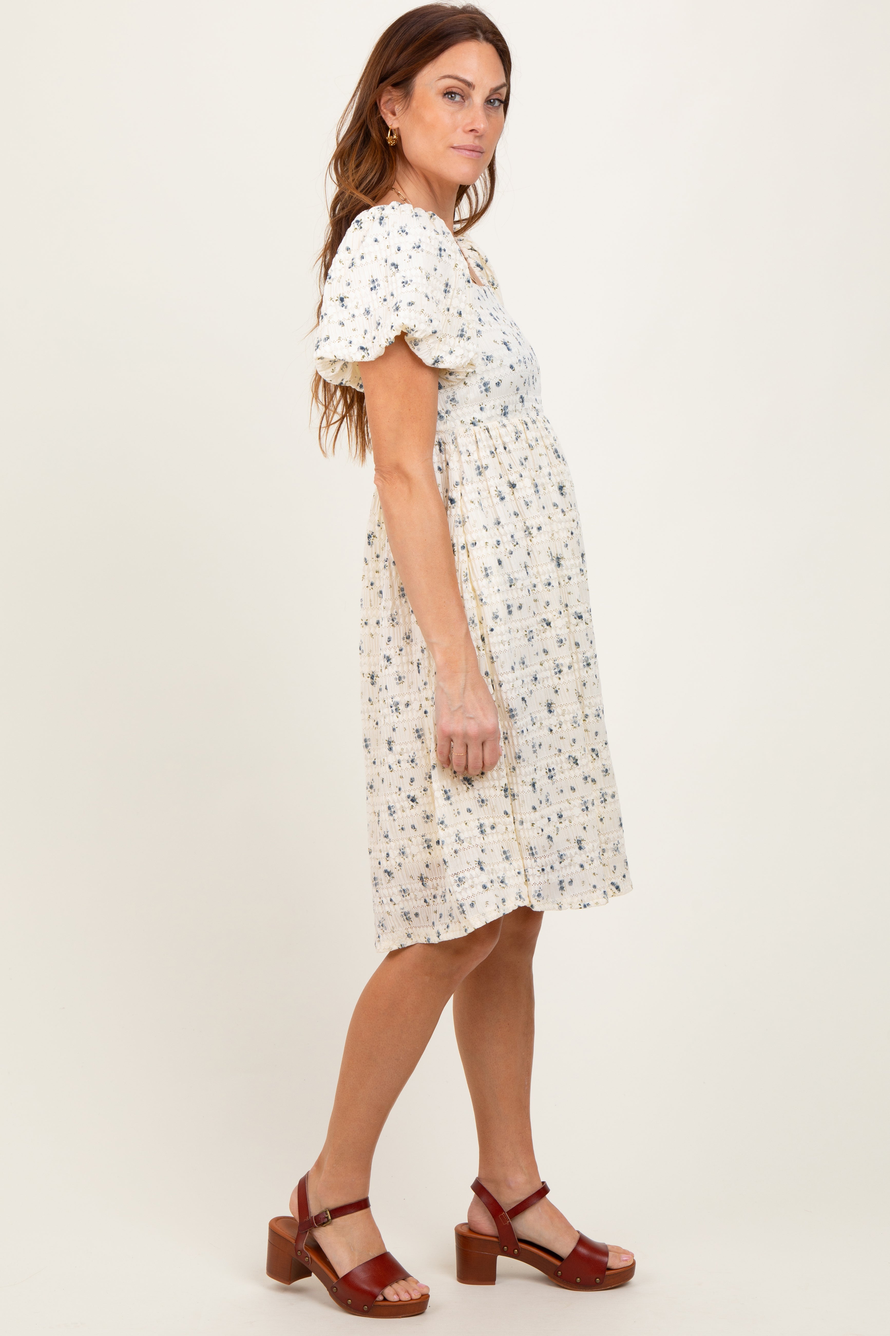 Cream Textured Knit Square Neck Midi Dress