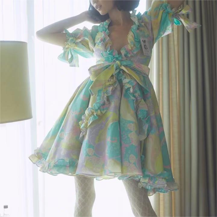 V Neck Ruffled Large Swing Dress Fresh Sweet Dress Spring Summer Lace Up Dress Women