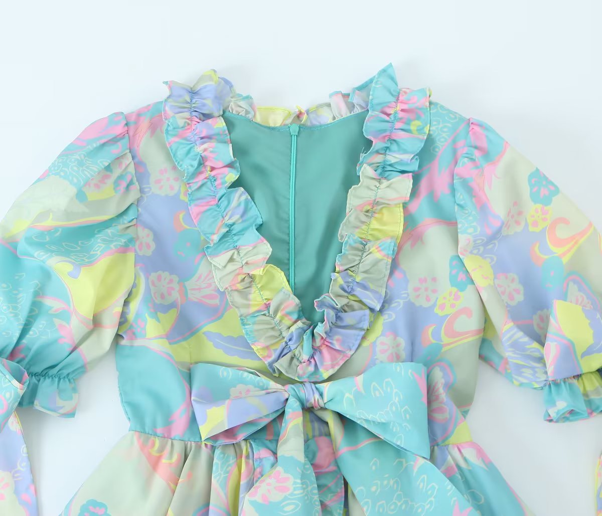 V Neck Ruffled Large Swing Dress Fresh Sweet Dress Spring Summer Lace Up Dress Women