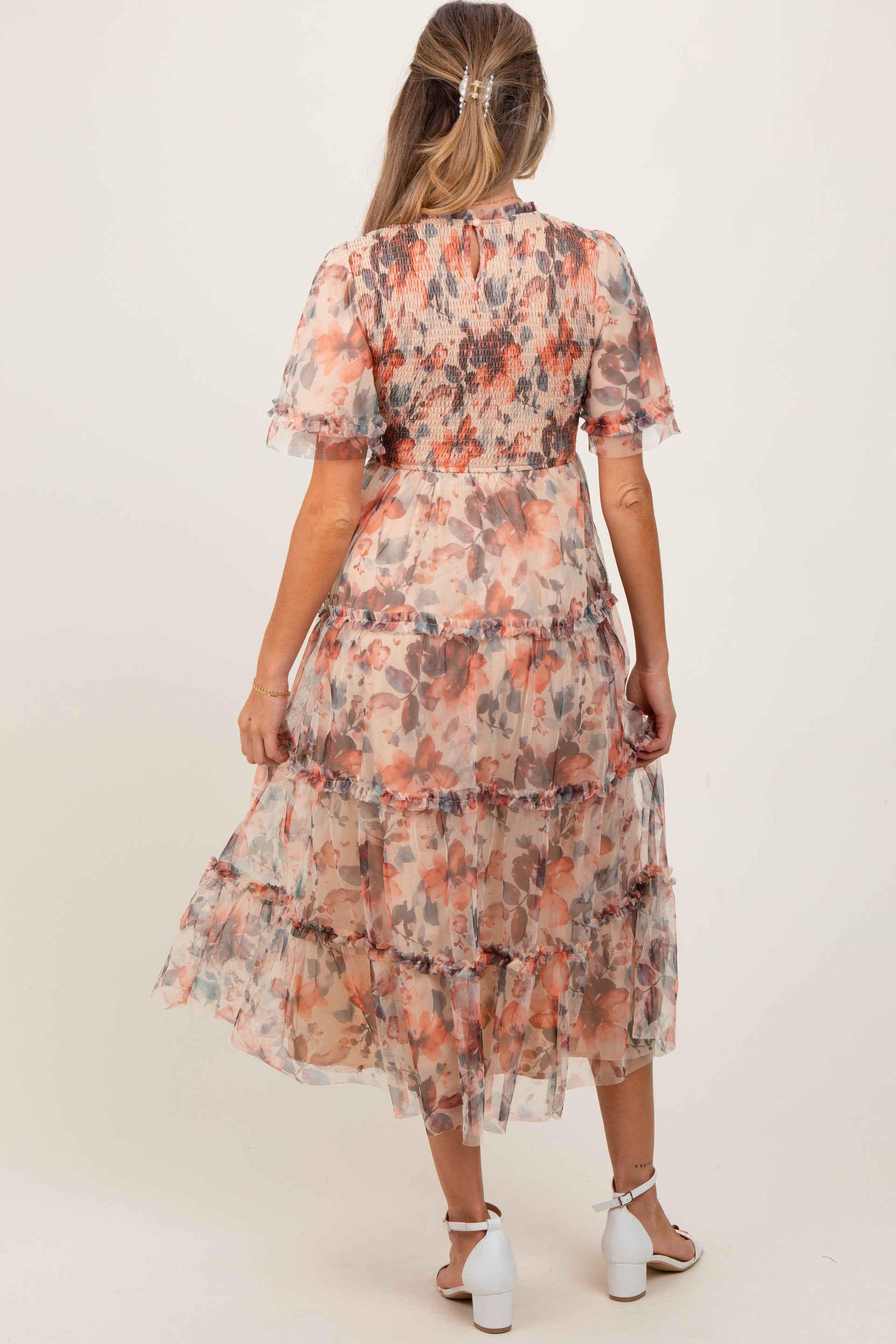 Peach Floral Mesh Smocked Maternity Midi Dress