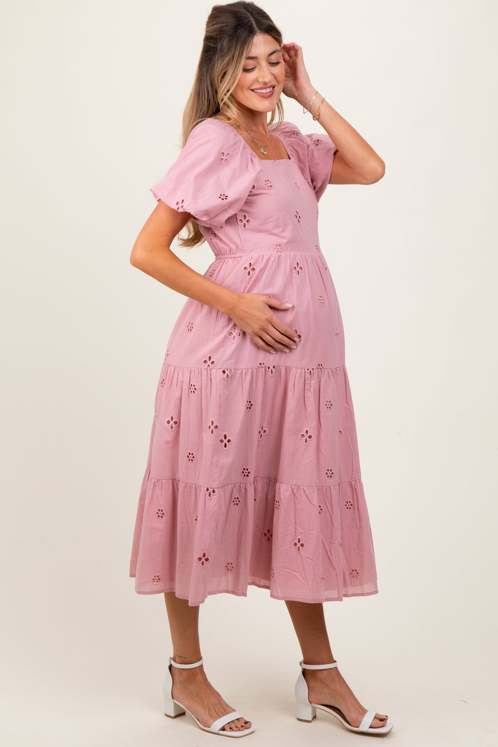 Pink Eyelet Square Neck Maternity Midi Dress with Flutter Sleeves