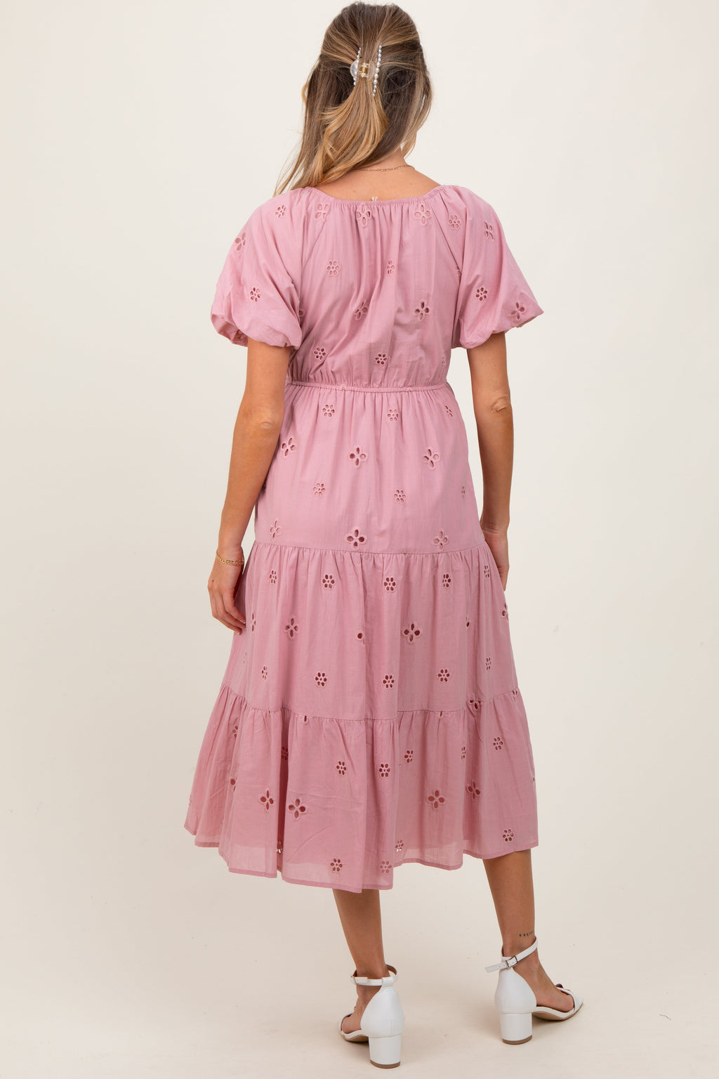 Pink Eyelet Square Neck Maternity Midi Dress with Flutter Sleeves