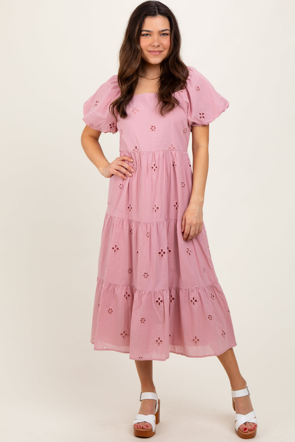 Pink Eyelet Square Neck Maternity Midi Dress with Flutter Sleeves