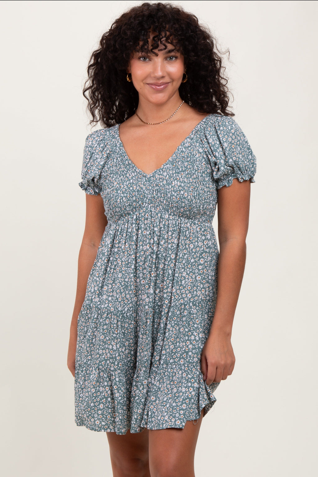 Light Olive Floral Smocked V-Neck Flutter Sleeve Dress