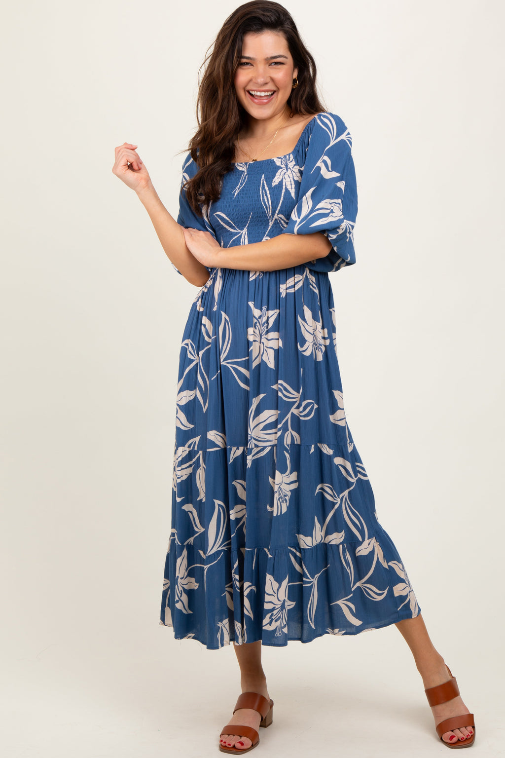 Blue Smocked Puff Sleeve Maternity Midi Dress
