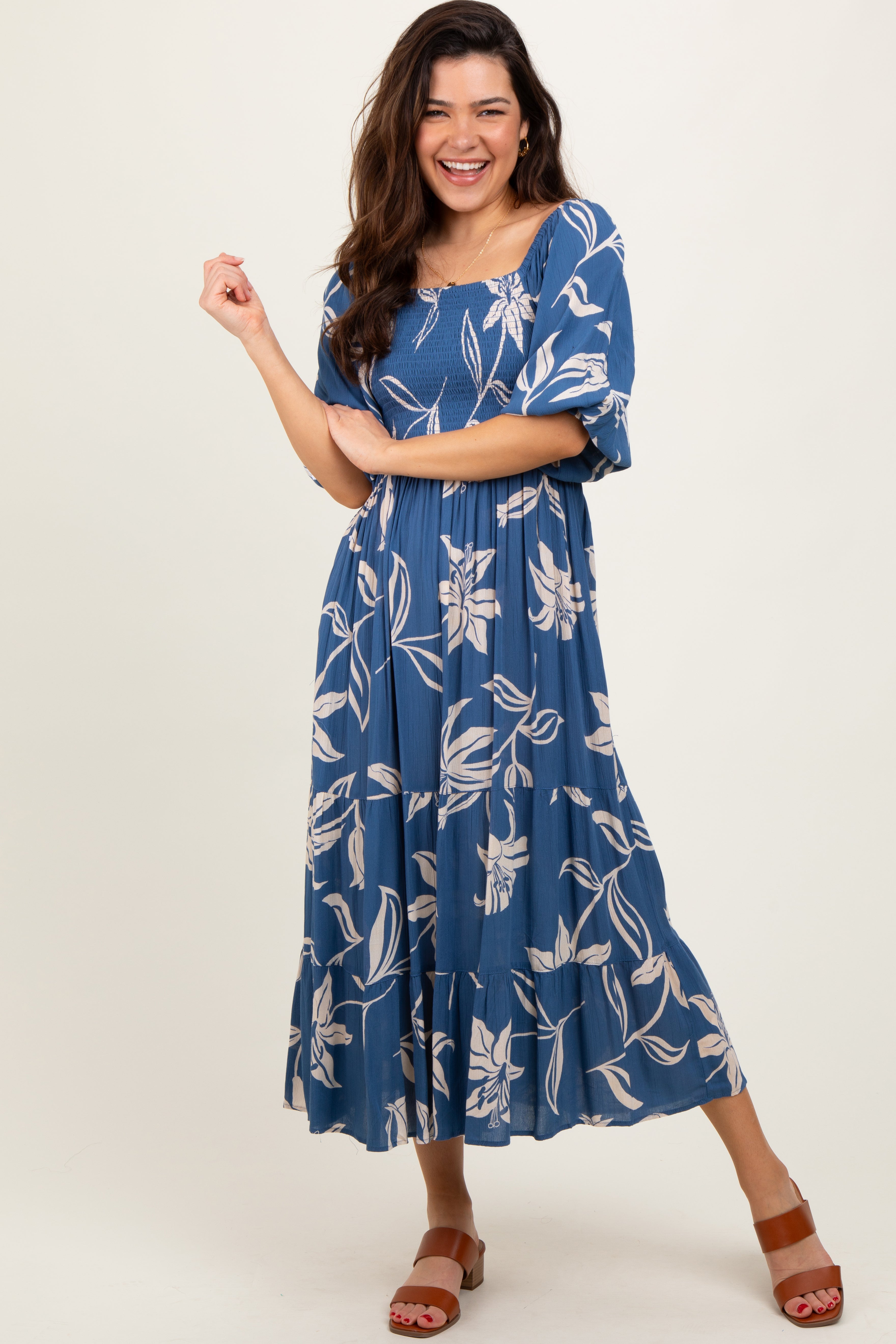 Blue Smocked Puff Sleeve Maternity Midi Dress
