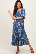 Blue Smocked Puff Sleeve Midi Dress
