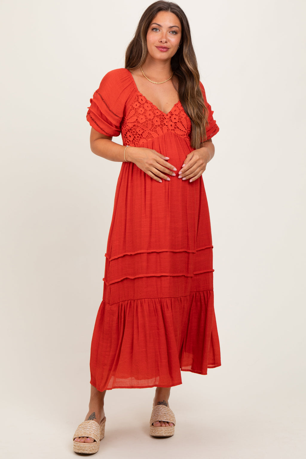 Rust Crochet Detail Bodice Maternity Midi Dress